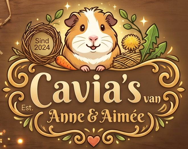 Logo van Cavia's van Anne & Aimée, sinds 2024: een lachende cavia tussen hooi, een wortel en een paardenbloem